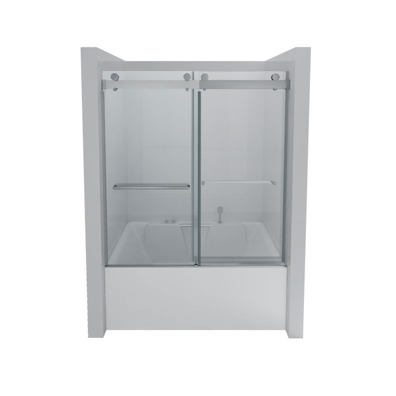 Porte de baignoire coulissante double sans cadre l 56 à 60 po x H 65 po, Nickel brossé
