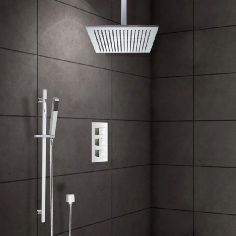 Juno Chrome Plated Solid Brass Ceiling Mount Square Shower Head Set with Hand Shower