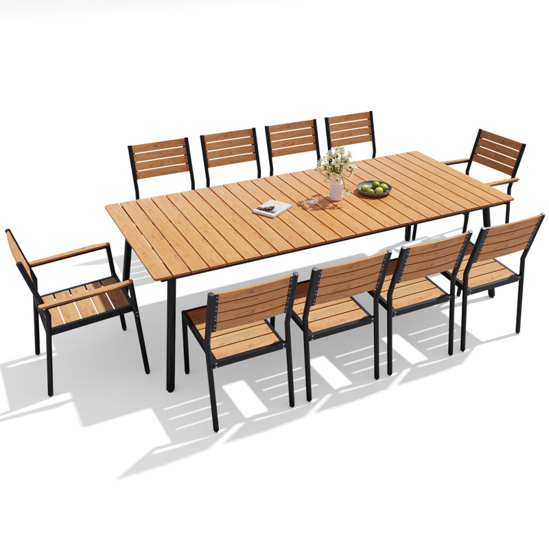 10 - Person Aluminum Outdoor Dining Set with Stackable Chairs, Brown