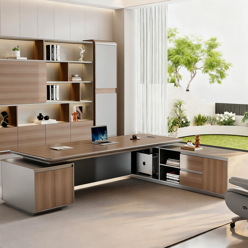 Bureau de direction 110,24 po avec grille de luxe - plateau en grain de noyer épaissi, bordure en alliage d'aluminium, bande de lumière ambiante à contrôle tactile et verrouillage par empreinte digitale, bureau multifonctionnel PDG