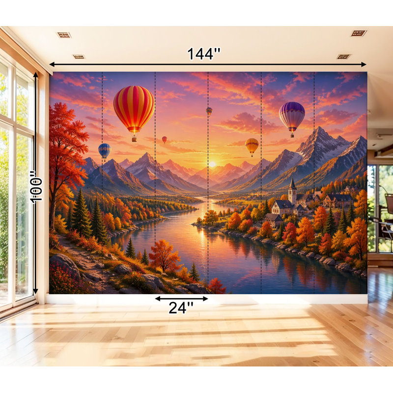 Papier peint adhésif pelez et collez, paysage d'automne, montgolfières, rivière, montagnes, coucher de soleil, art mural auto-adhésif et amovible