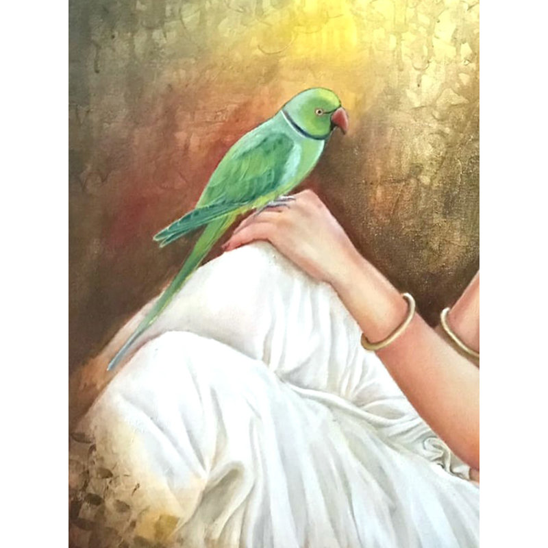 Belle femme avec un joli perroquet, peinture | Huile sur toile | Par Ranjeeta Kumar