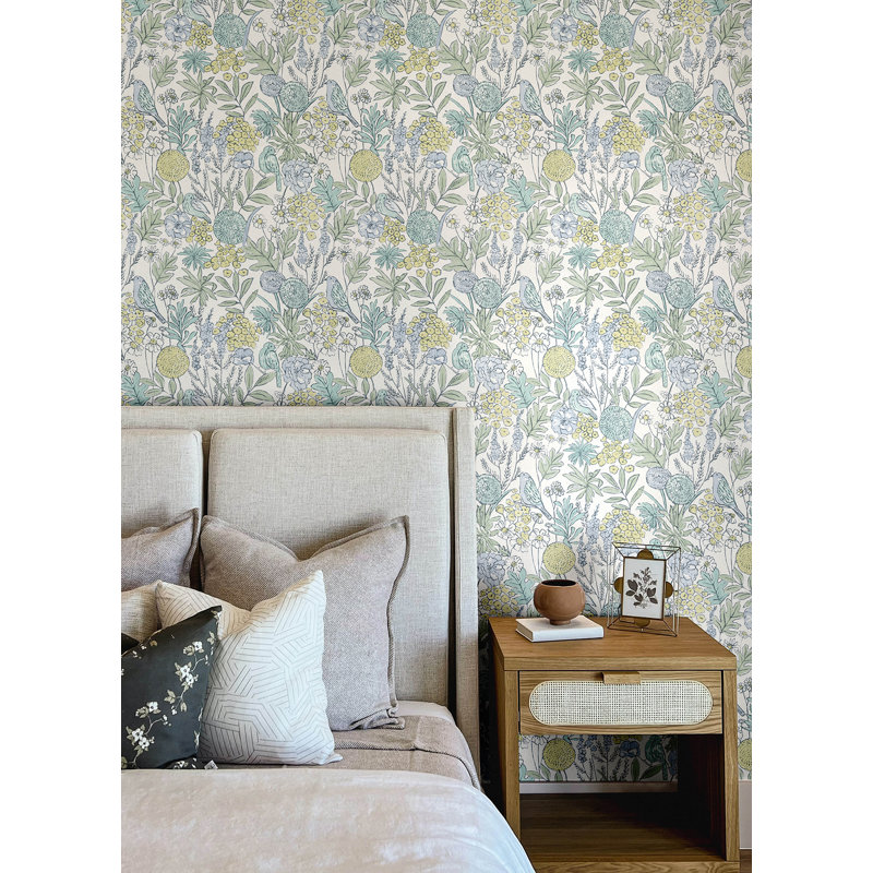 Papier peint chardonneret turquoise oiseaux et fleurs, Bleu clair