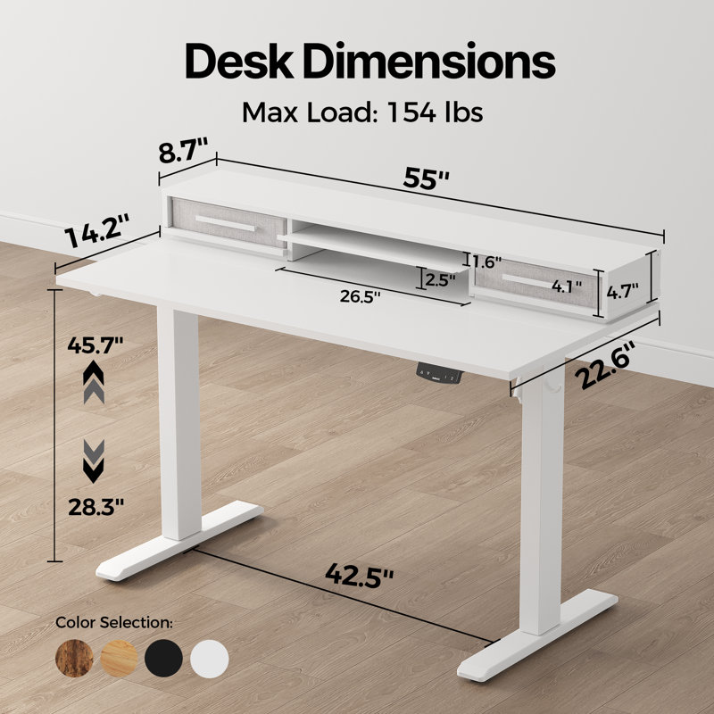 Bureau debout électrique de 55 po avec tiroirs, bureau réglable en hauteur avec tablette de rangement rétractable, table d'ordinateur de bureau à la maison