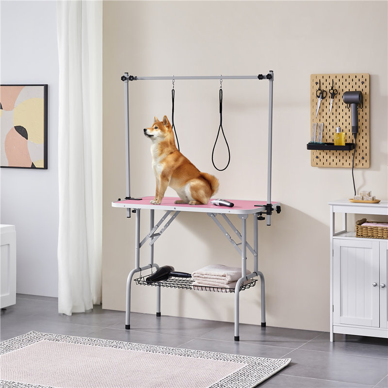 163.5cm H x 96cm W x 61cm D Adjustable and Foldable Folding Grooming Table, Pink
