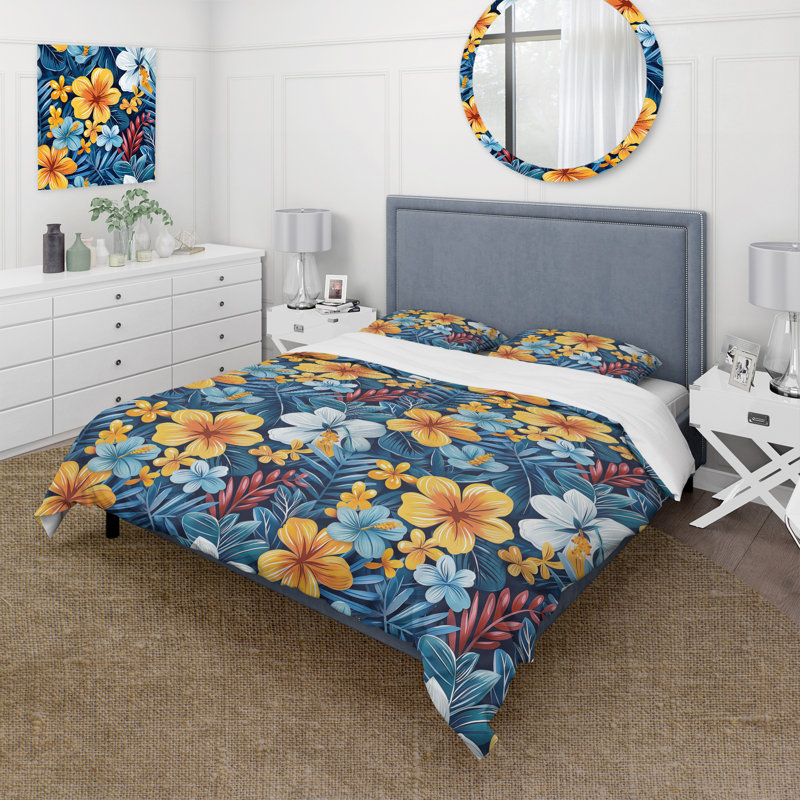 Ensemble de housse de couette jaune bleu tropical Tropical Blooms I - Midcentury