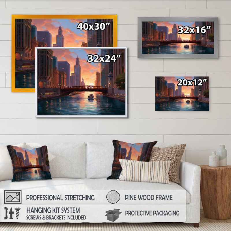 Chicago City Scene IV, reproduction d'art sur toile, H 12 po x l 20 po x P 1 po, Encadrement doré
