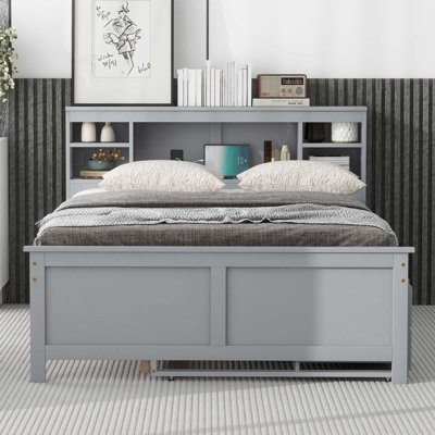 Full Size Platform Bed With Storage Headboard, Usb, Wood Bedframe With Twin Size Trundle And 3 Drawers,  For Kids Teens Boys Girls, No Box Spring Needed, Easy Assembly, Gray