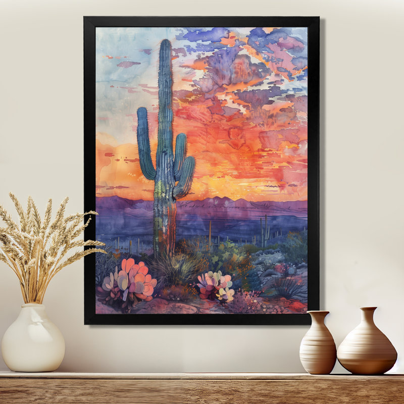 Cactus vert mauve, désert, coucher de soleil II - Cactus, art mural, Toile encadrée noire simple