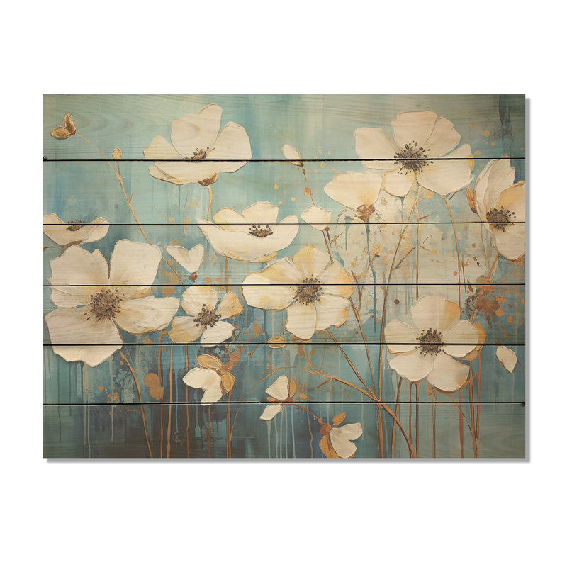 Minimalism Blue White Buttercups - Buttercups Wood Wall Art On Natural Pine Wood, H 10 po x l 20 po