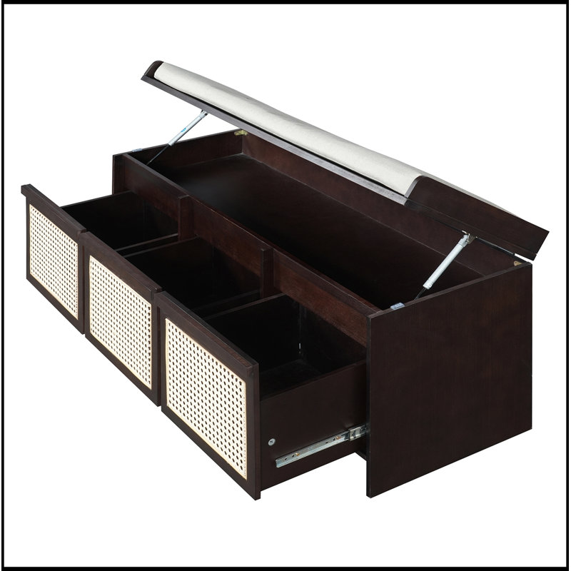 Banc de rangement avec tiroirs en rotin et bouton amovible, Espresso