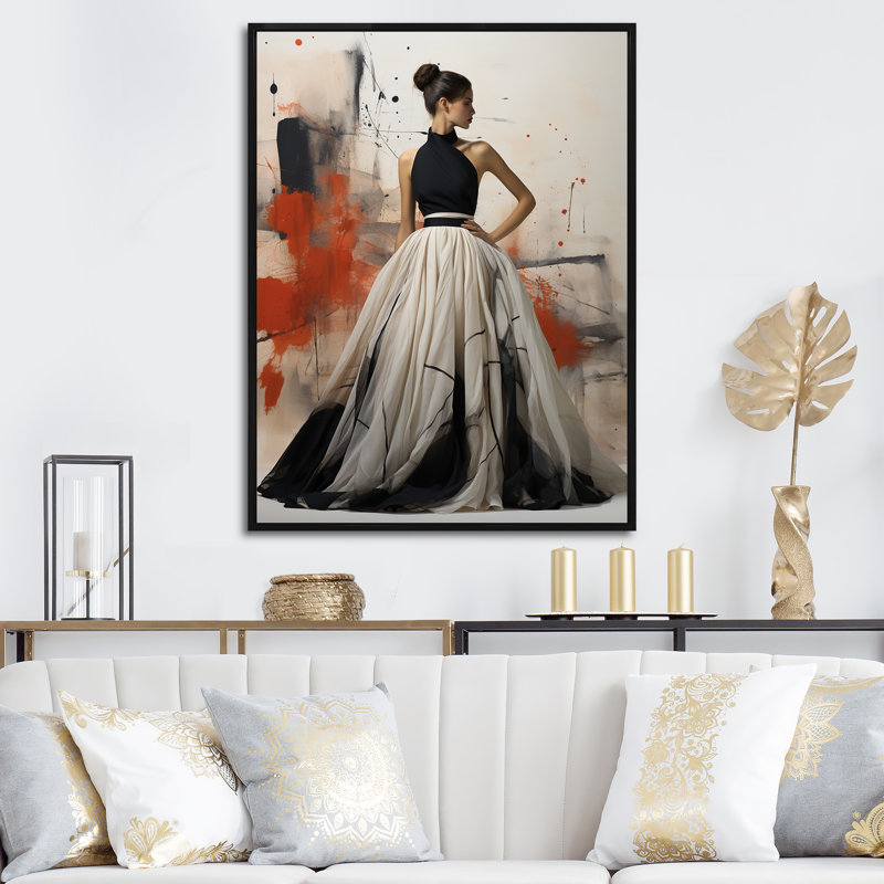 Robe noire et blanche chic - art mural Dior, Cadre flottant noir, H 32 po x l 24 po x P 1 po