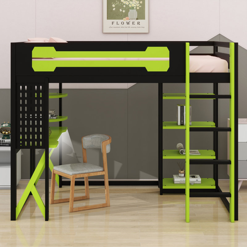 Lit mezzanine en bois moderne avec bureau, tablettes de rangement, ports de charge et lumière RVB, Noir et vert