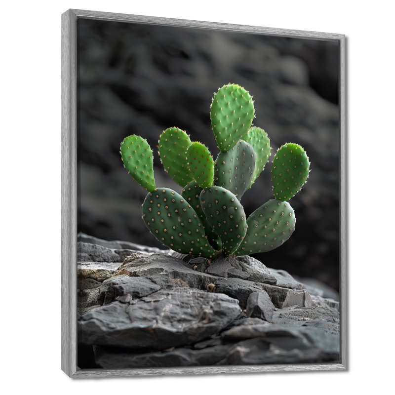 Vert, gris, désert, cactus, falaise rocheuse - cactus floral, salon d'art mural, Toile argentée avec cadre flottant