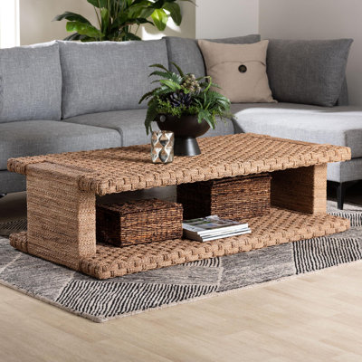 Bali & Pari Rhinos Handwoven Seagrass Coffee Table With Open Shelf – Rectangular Wicker Center Table For Living Room, Coastal Boho Style