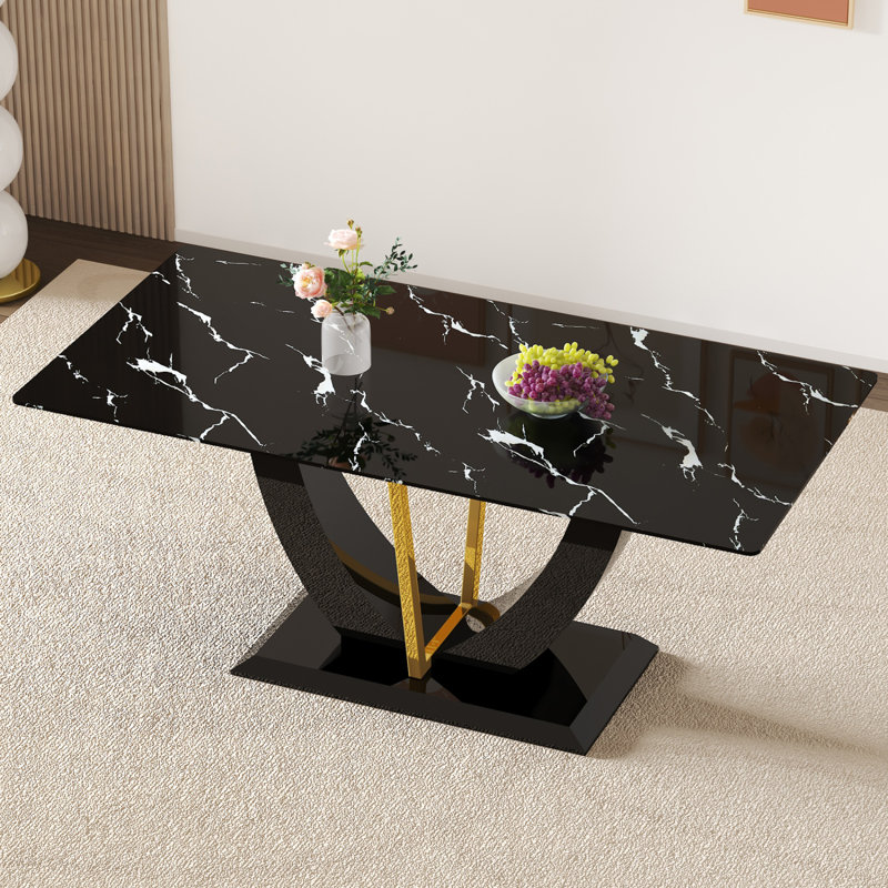 Table de salle à manger rectangulaire à texture de marbre minimaliste et luxueuse pour salle à manger, salon, terrasse, cuisine