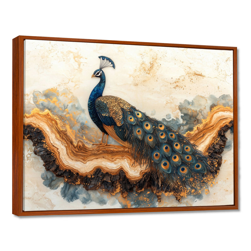 «Hannann Golden Aqua and Wood Peacock Landscape I», art mural paon, Brun, Impression encadrée flottante, H 16 po x l 32 po