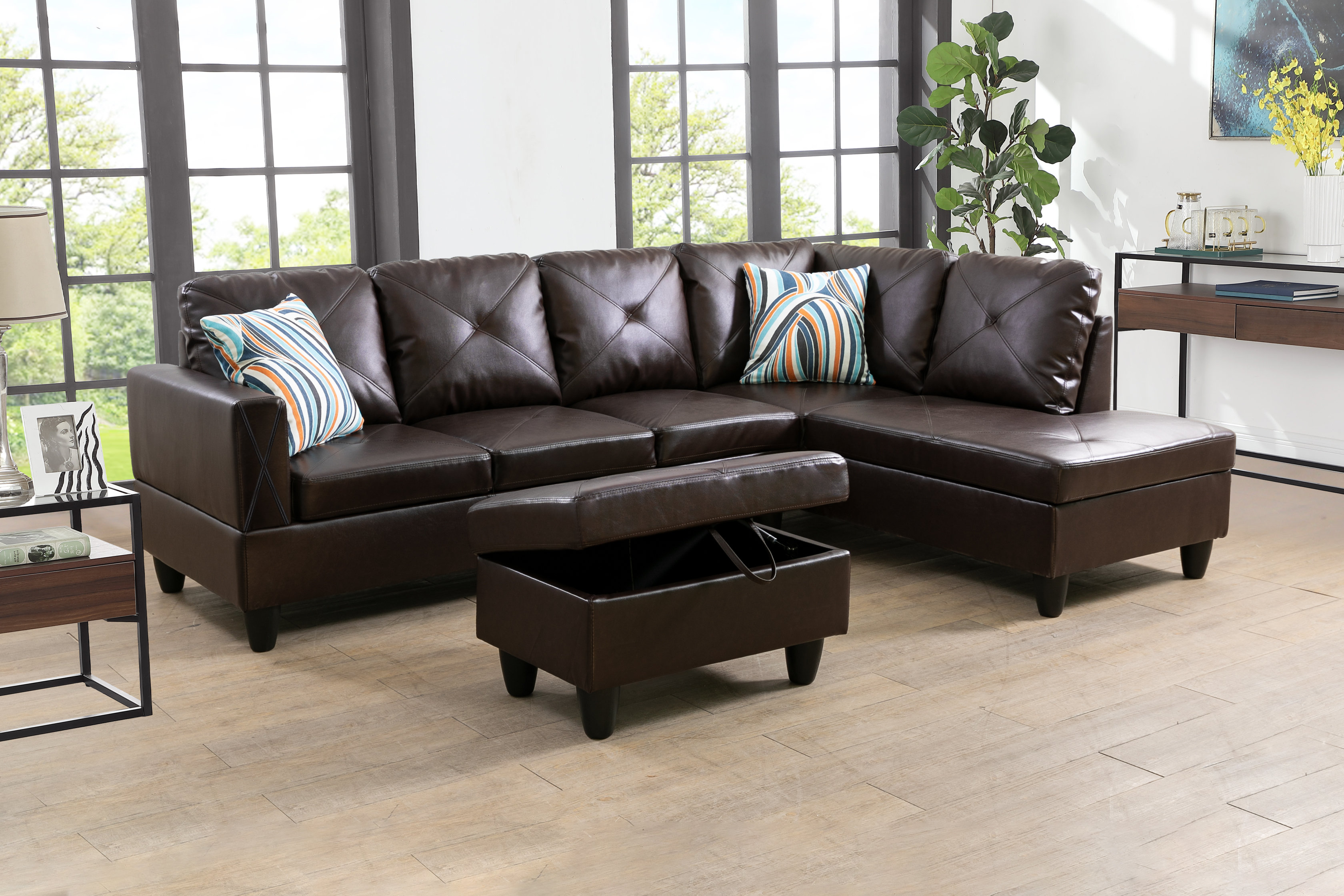 Ebern Designs Halid Wide Faux Leather Sofa & Chaise with Ottoman ...