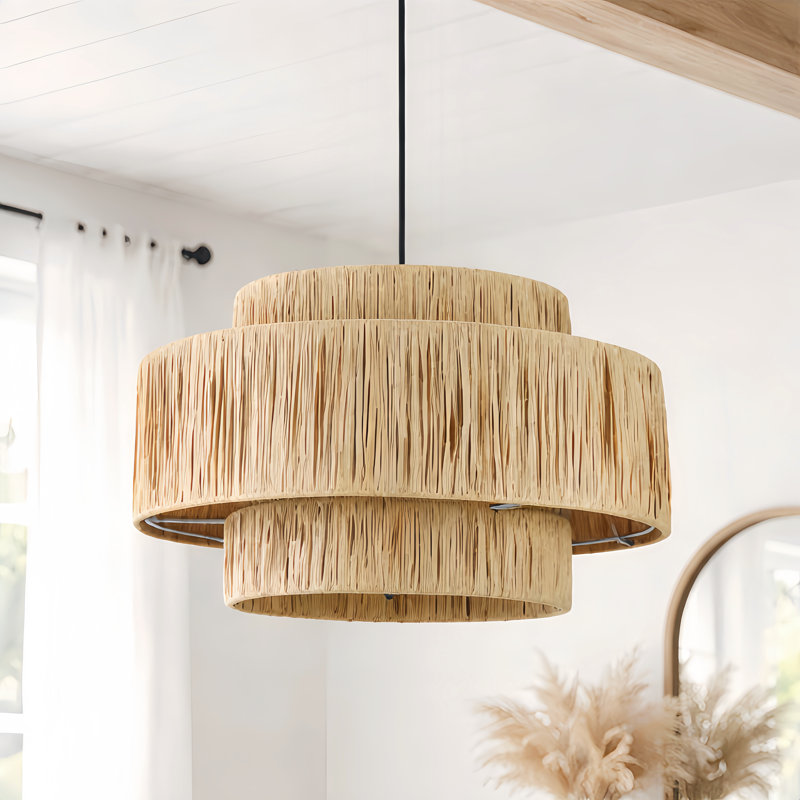Frese 20" W 3-Light Rattan Drum Chandelier, Black / Brown