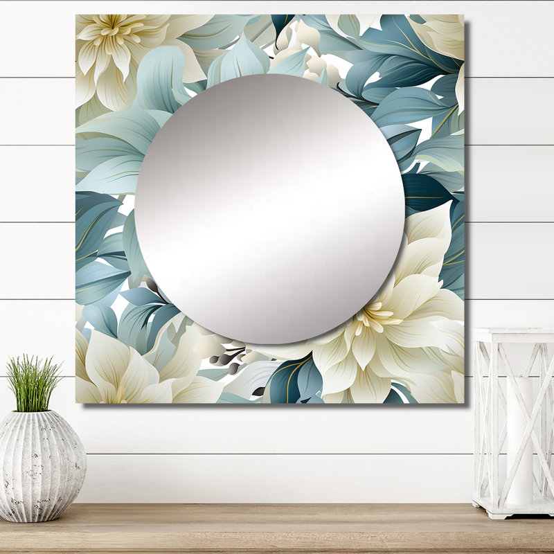 Décoration murale zen gris et blanc à fleurs - Miroir floral carré pour chambre à coucher, 23 po x 23 po