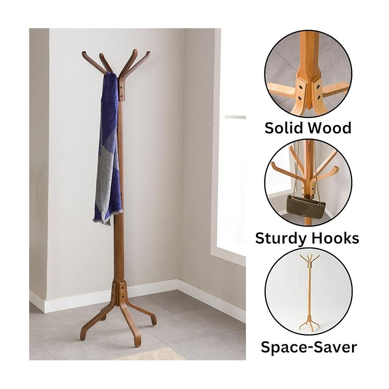 Solid Wood Coat Rack Freestanding, Coat Stands Entryway, Coat Rack Hat Hanger Hook for Jacket, Purse, Scarf Rack, Mid Century Umbrella Tree Stand (4-hook, Walnut)