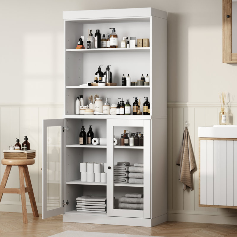 Armoire de salle de bain 100% bois massif 32 "avec portes en verre et tablettes réglables, White