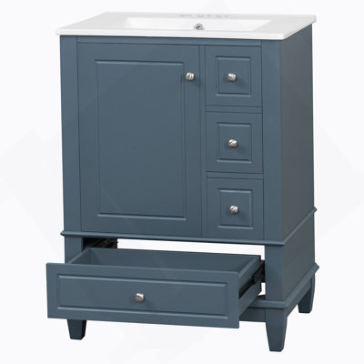 Meuble-lavabo 24 po avec lavabo et tiroirs, meuble-lavabo autoportant gris-bleu avec plateau en céramique et tablettes de rangement, panneau de fibres à densité moyenne et base en bois massif, meuble-lavabo moderne pour les petites salles de bain