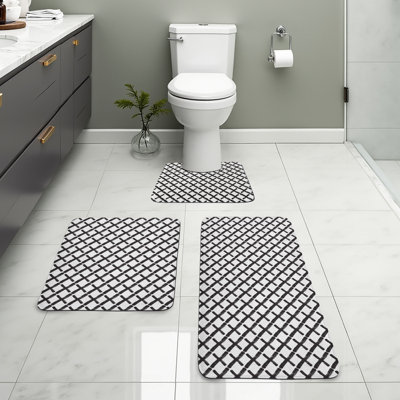  Modern Bathroom Rug Set 3 Pieces U-Shape & Rectangle Mats Charcoal Grey White