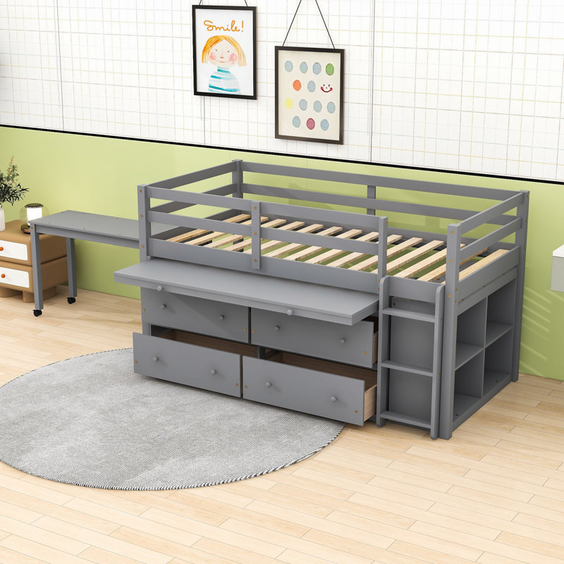 Lit mezzanine avec bureau intégré et tiroirs de rangement, tablettes, échelle, Simple, Gris