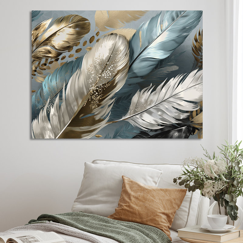 Zacharie, plumes dorées dorées IV sur toile, H 30 po x l 40 po x P 1,5 po, Toile tendue