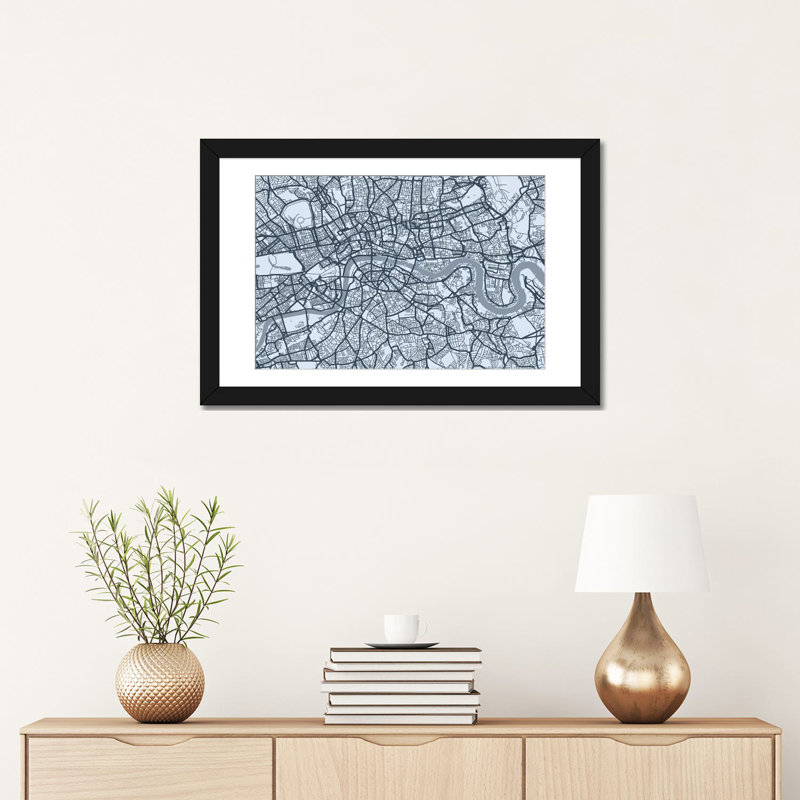 « london map viii » par michael thompsett, impression sur toile, H 16 po x l 24 po x P 1 po, Papier d'art encadré noir, Blanc