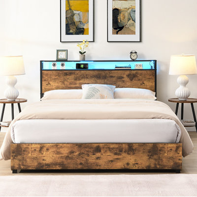 Bed, Storage Headboard with Charging Station, Solid and Stable, Noise Free, No Box Spring Needed, Easy Assembly