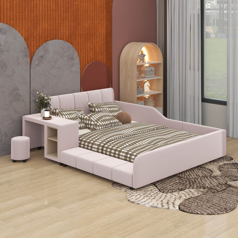 Lit double tapissier pleine grandeur avec bureau de chevet, Rose