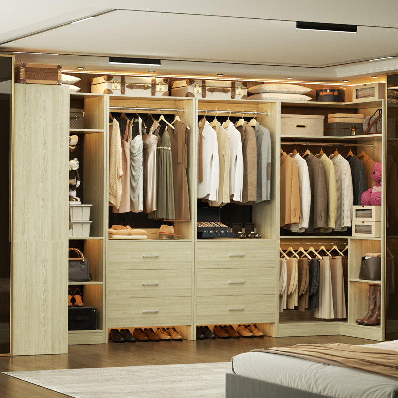  112.5" Closet System with Wooden Drawers and Hanging Rods, White Oak