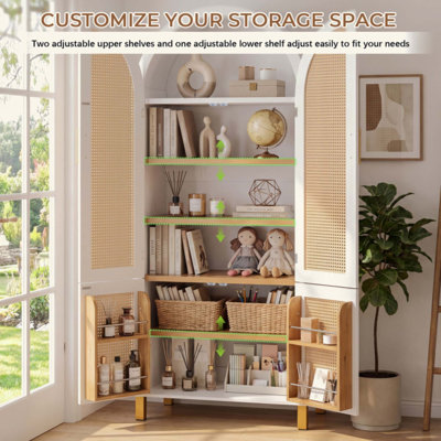 Armoire cintrée avec portes en rotin et étagères réglables, meuble de rangement moderne de style campagnard à 4 portes avec étagères intégrées pour la cuisine, la salle à manger ou le bureau
