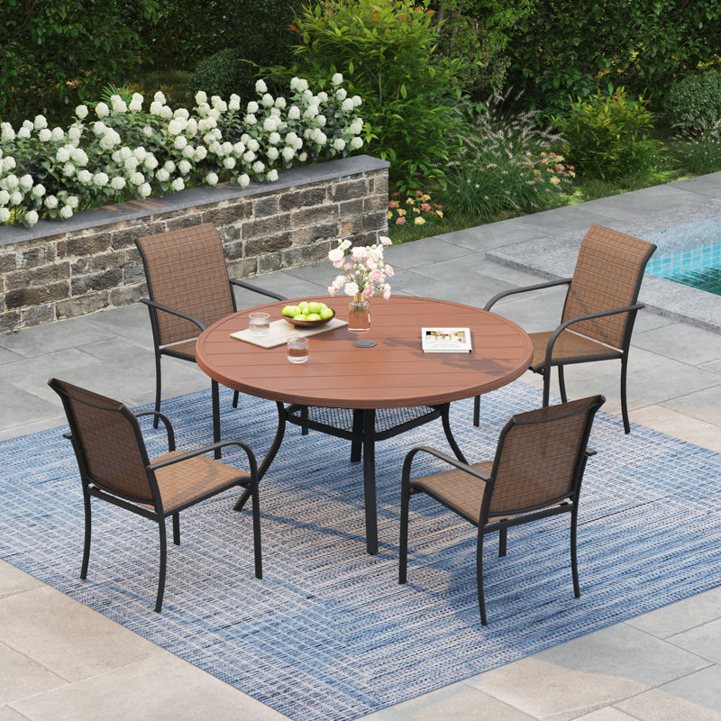 4-Person Square Patio Dining Set With Stackable PVC-coated polyester Chairs, Brush Wood Brown/Brown