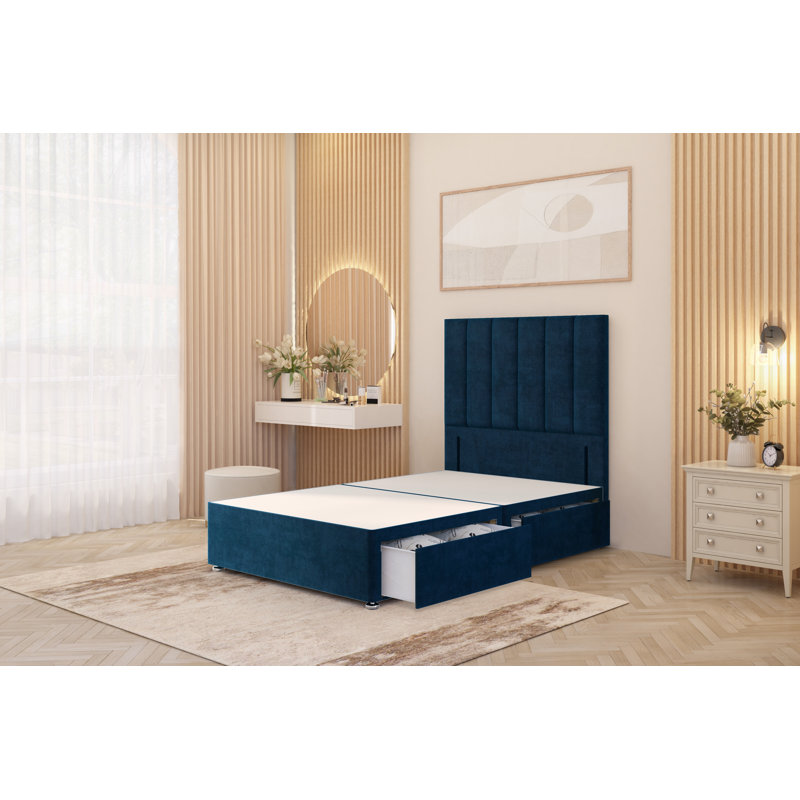 Asterin Divan Bed Base with 54" Floor Standing Headboard Plush Velvet, Navy Blue, Double (4'6), 2 Drawers