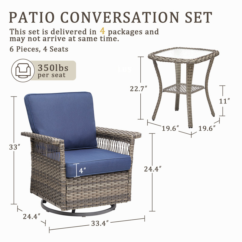 Swivel PE Wicker Rattan Outdoor Rocking Chairs Set With Side Table (4 Chairs And 2 Side Table), Blue