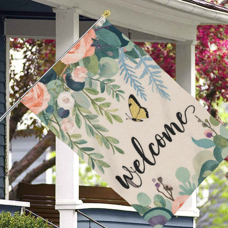 Drapeau de bienvenue papillon rose, 35 x 24 pouces, pour décoration saisonnière / décoration intérieure