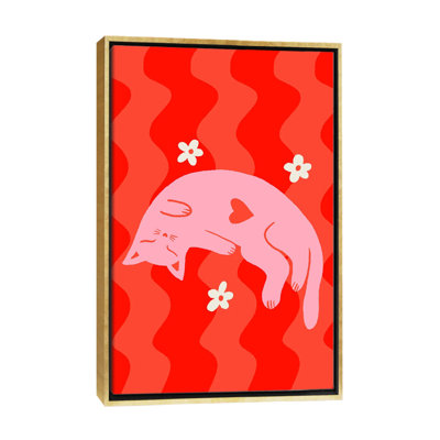 «Pink Sleepy Cat» sur fond ondulé - reproduction d'art murale - toile encadrée