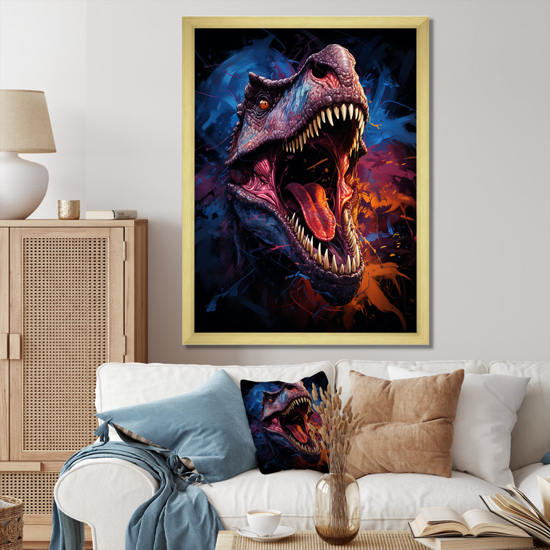 «Colorful Roaring Trex Dinosaur IV» - art mural dinosaure, Cadre flottant noir, 40" H x 30" W