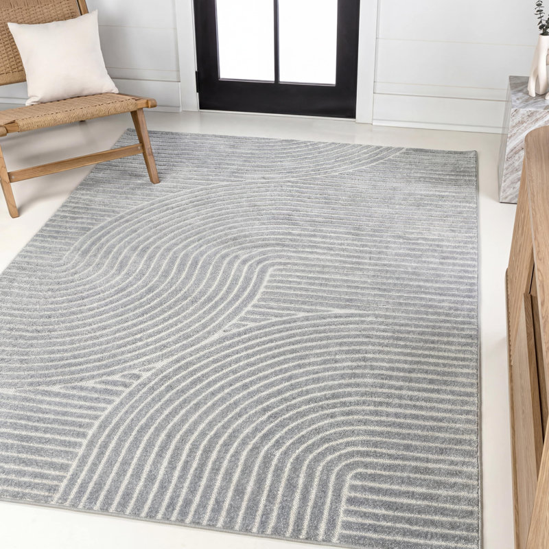 Andella High-Low Minimalist Curve Geometric Light Blue/Cream Indoor/Outdoor Rug, Rectangle 5'3" x 7'7"
