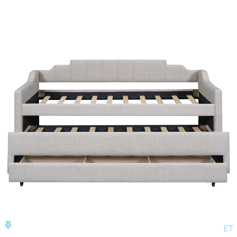 Lit de jour simple tapissier avec lit gigogne et trois tiroirs, Beige