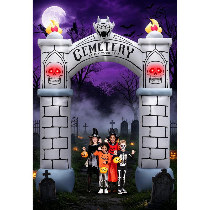 10FT Halloween Inflatable Haunted Cemetery Archway, Blow Up Graveyard Arch with Tombstones, Built-in 9 White LEDs & 4 Red LEDs, Outdoor Halloween Yard & Garden Decoration