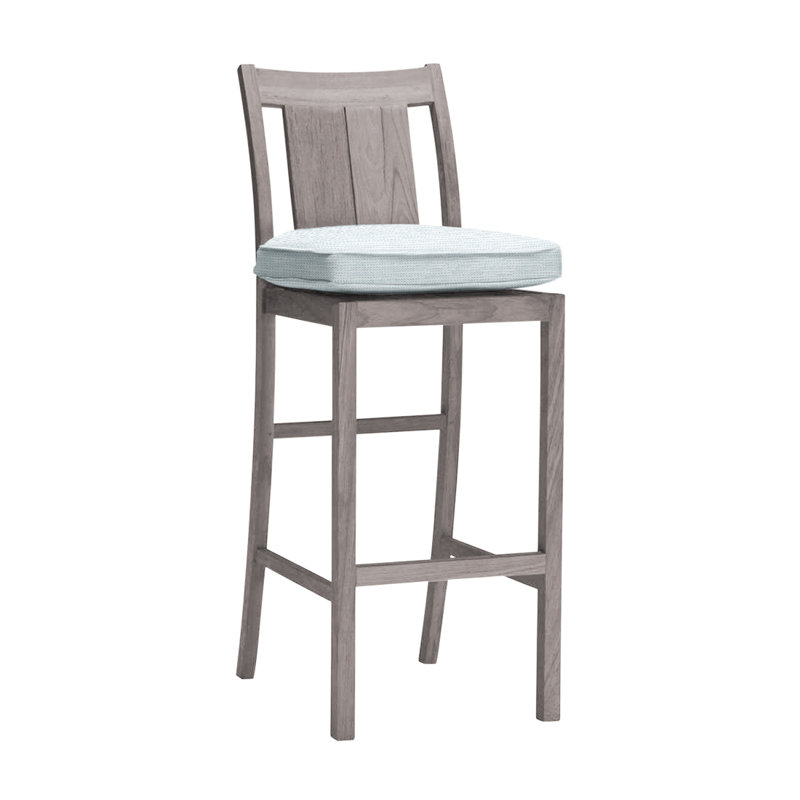 Croquet 30" Patio Bar Stool with Cushion, Oyster Teak, Welt, Rollo Lace InsideOut® Linen