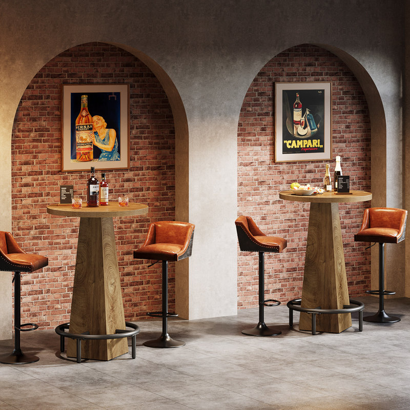 Grande table de salle à manger ronde 37,4 po, petite table de bar avec repose-pieds (ensemble de 2), Marron clair