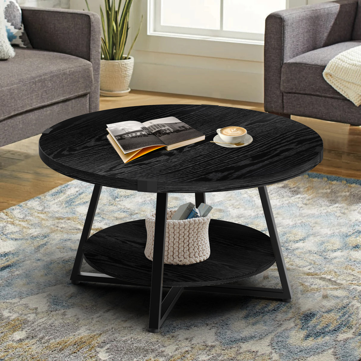 17 Stories Jahaira Round Coffee Table w/ 2-Tier Storage Shelves