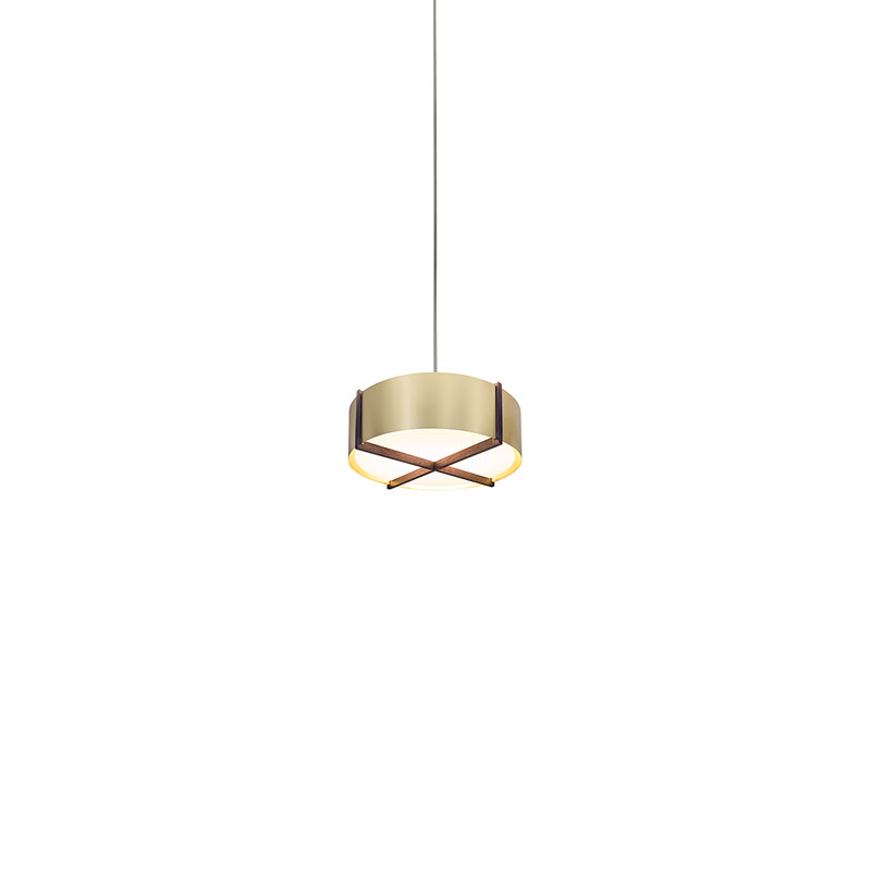 Lustre cylindrique unique à 2 lumières Plura, Laiton brossé, Noyer, H 8,37 po x l 30 po x P 30 po