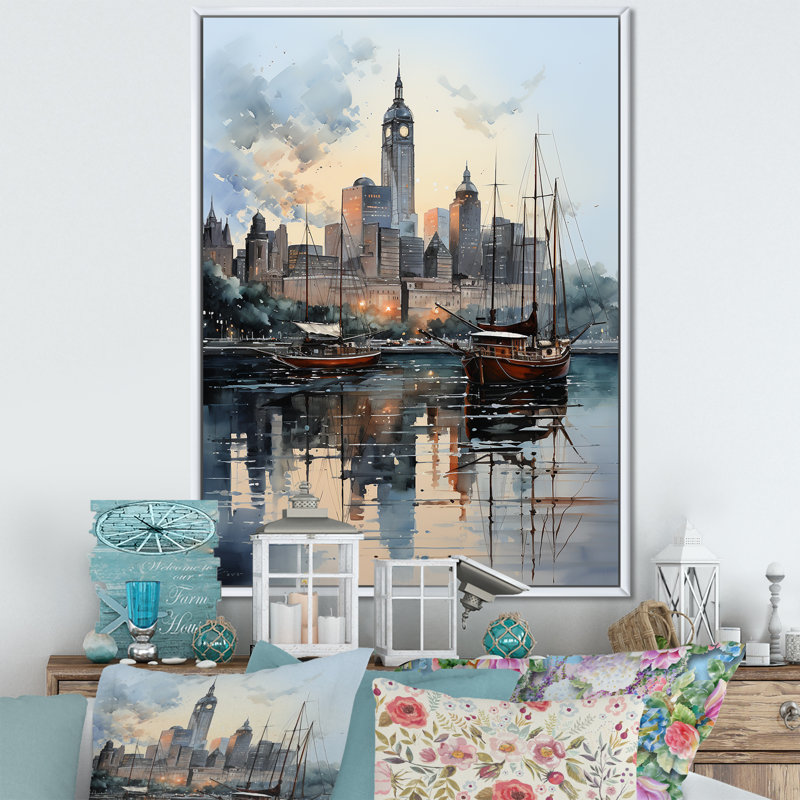 Impression sur toile Laquita New York Harbor Twilight, H 44 po x l 34 po x P 1,5 po, Cadre flottant blanc