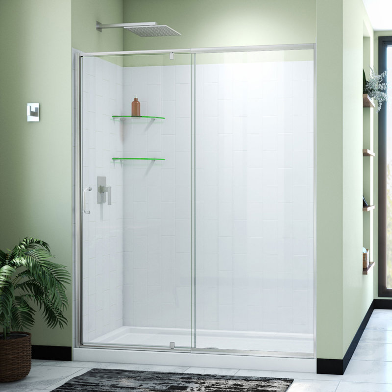 Flex 60" W x 34" D x 78" H Semi-Frameless Square Tub Enclosure with Fixed Panel and Base Included, Brushed Nickel